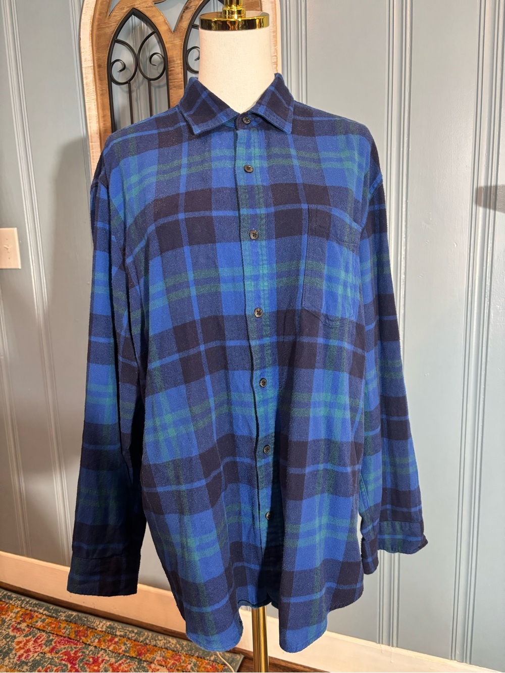 Men’s Fall Flannel Tartan Scotch Plaid Royal Navy Long Sleeve L Shirt Button Up